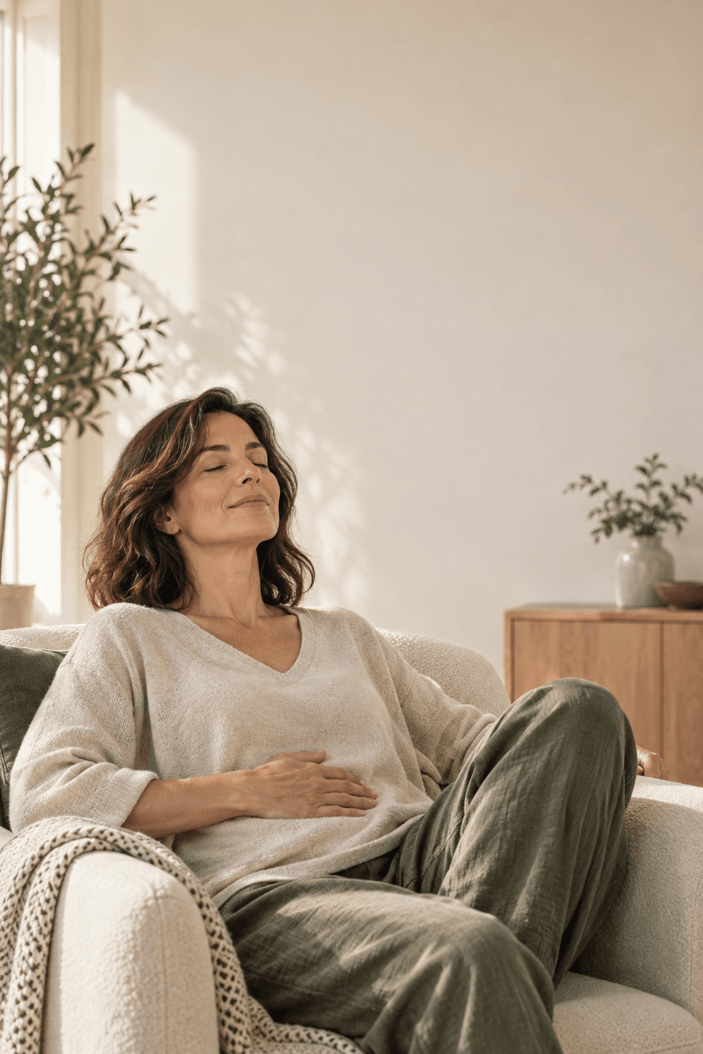 A woman resting calmly with eyes closed, hand on chest, in a peaceful home setting