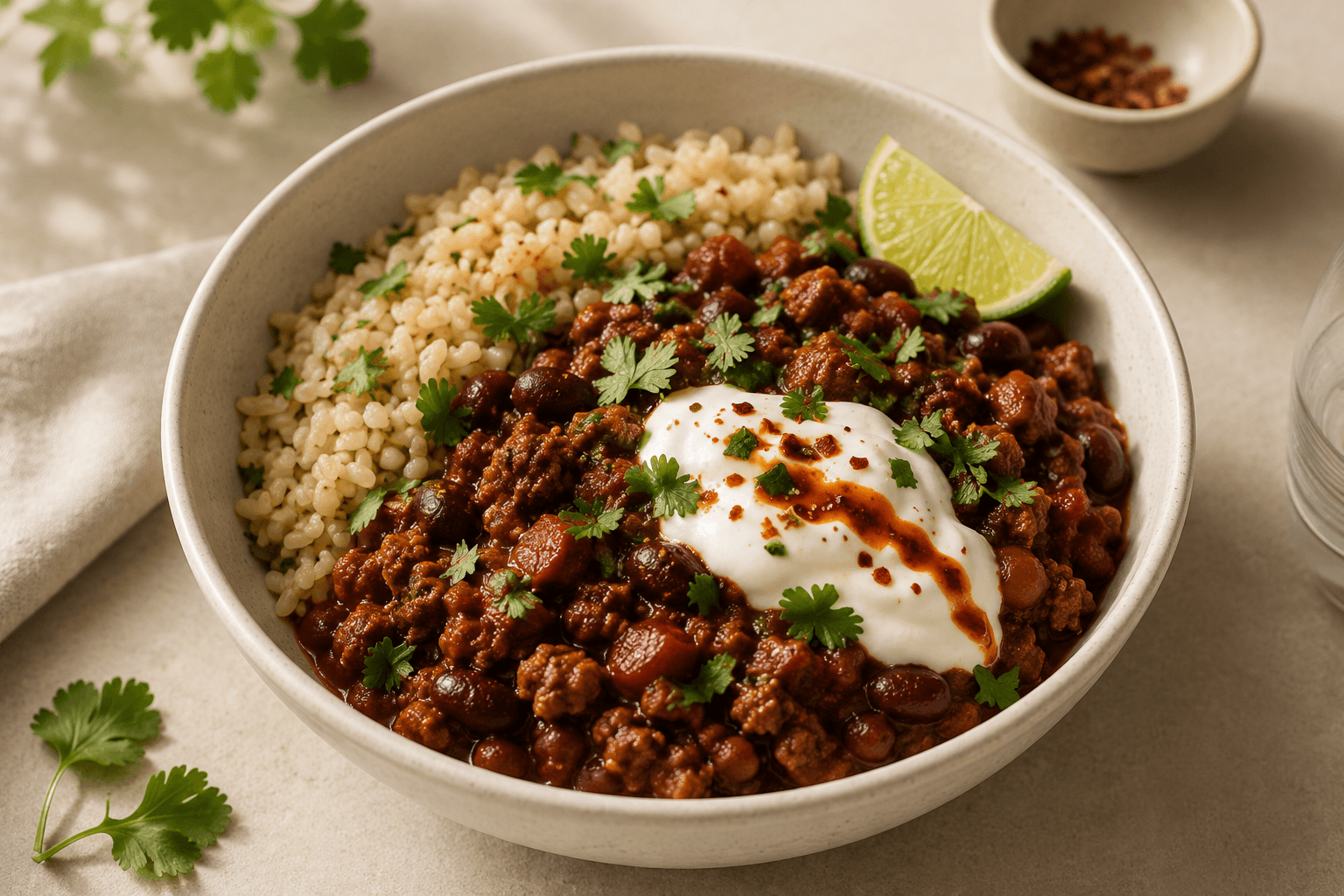 Beef & Bean Chilli Bowl with Chipotle Yogurt